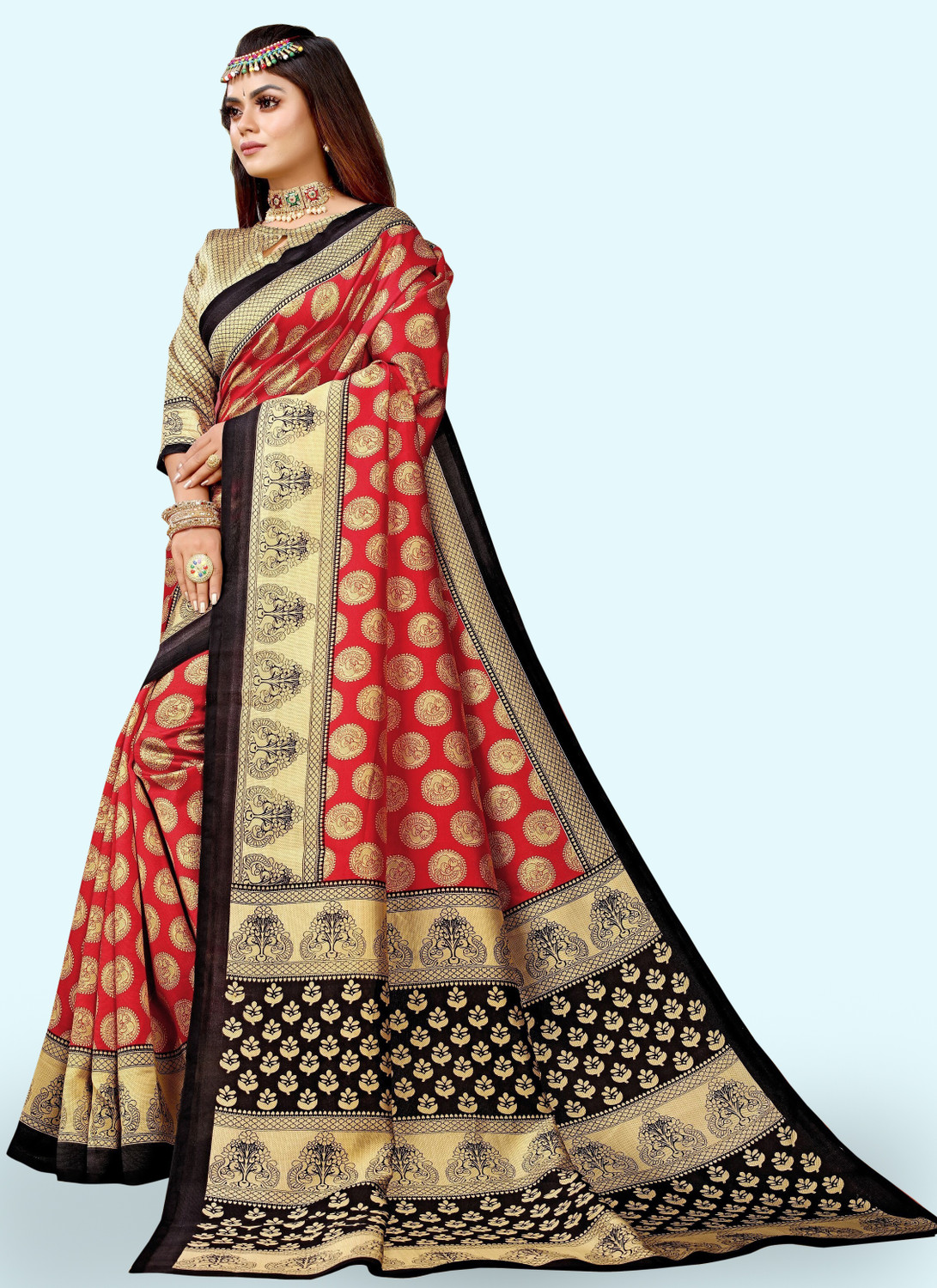 Image of RichEraa Digital Print Banarasi Cotton Silk Saree (Red)