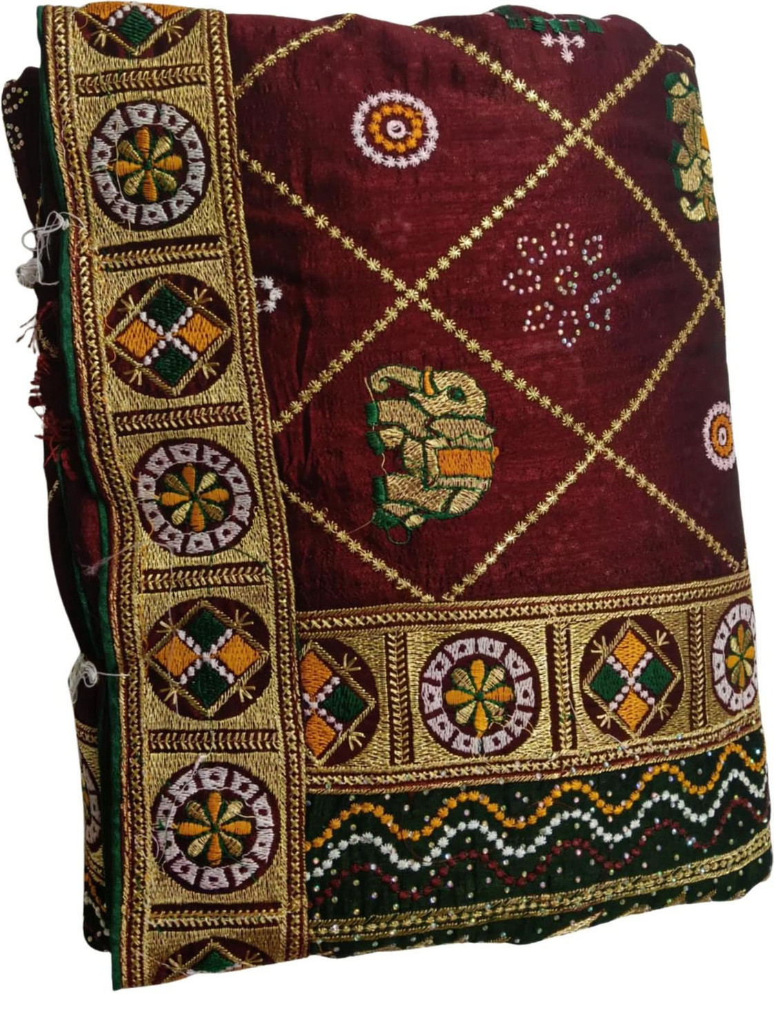 Image of AACHCHHADAN Embroidered, Geometric Print Bollywood Georgette, Art Silk Saree (Red, Green, Gold)