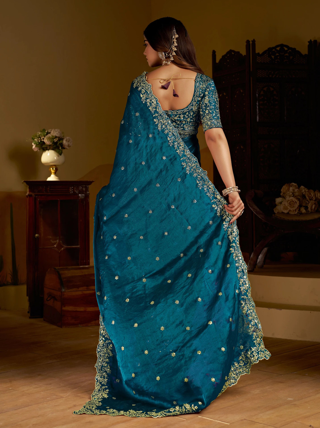 Image of signagraph Embroidered Bollywood Satin Saree (Multicolor)