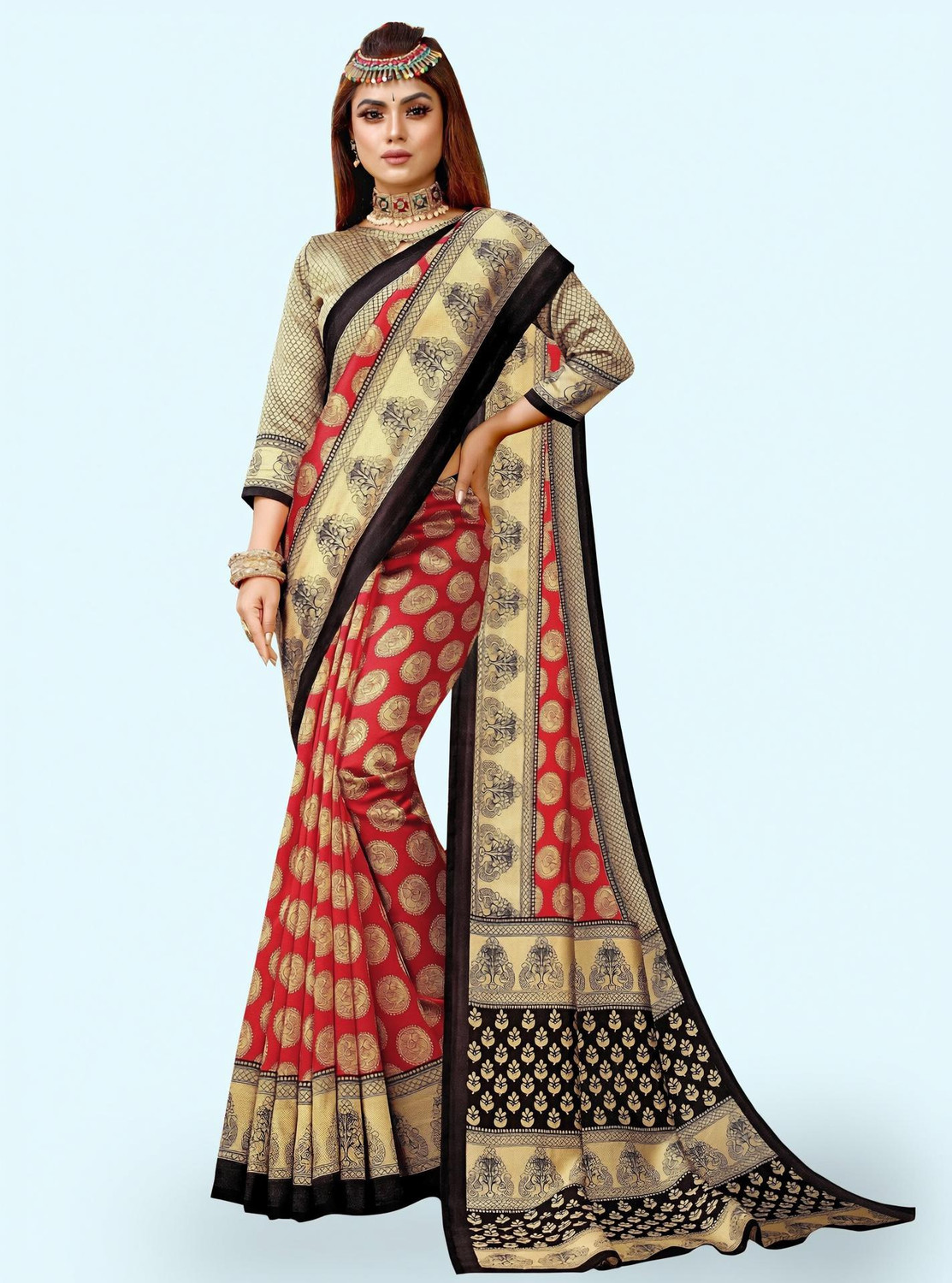 Image of RichEraa Digital Print Banarasi Cotton Silk Saree (Red)