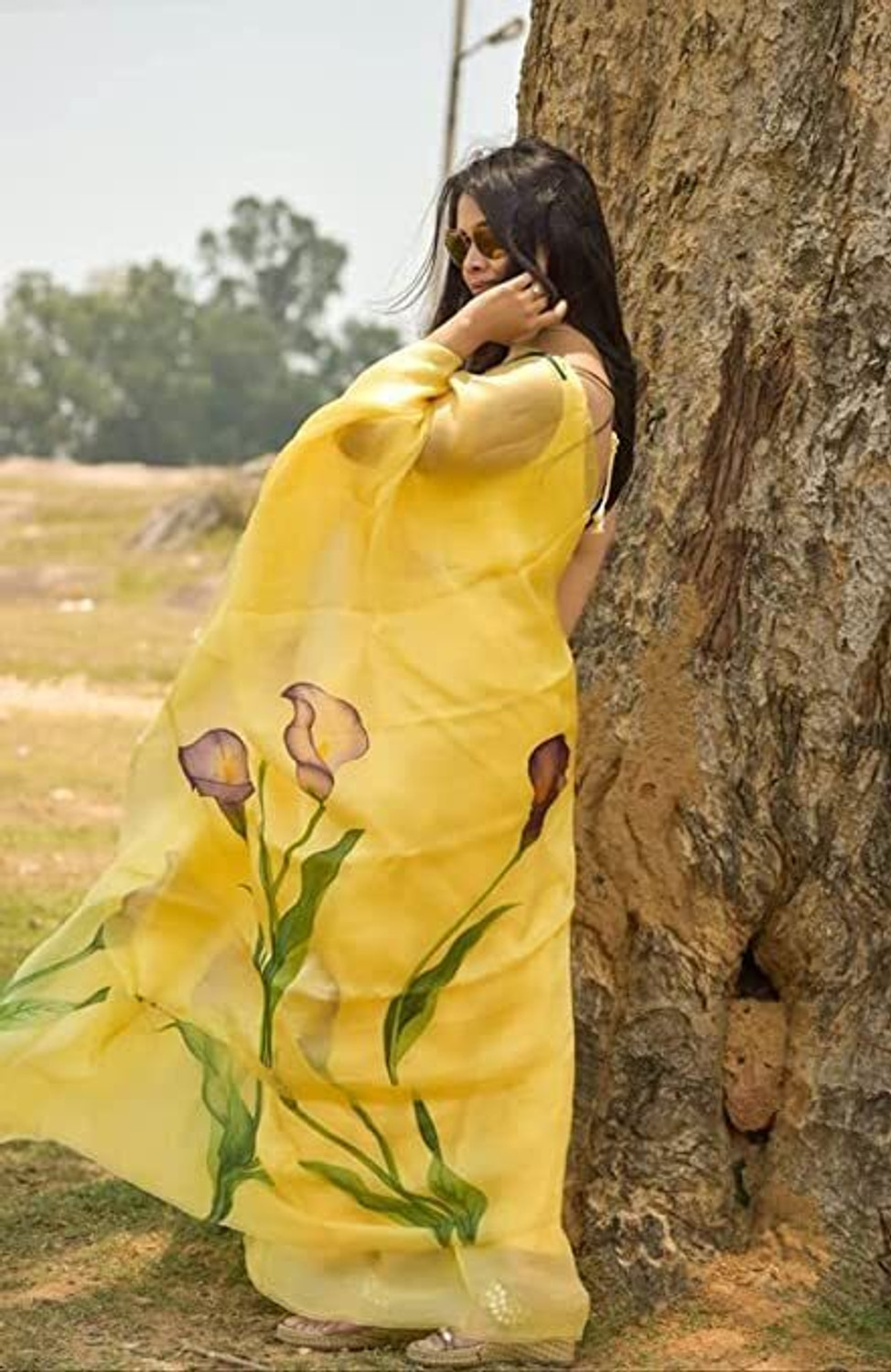 Image of b bella creation Printed Daily Wear Organza Saree (Yellow)