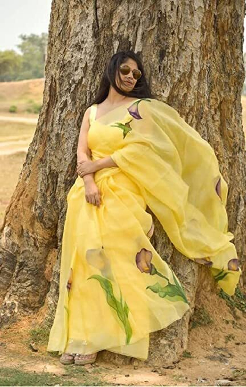 Image of b bella creation Printed Daily Wear Organza Saree (Yellow)