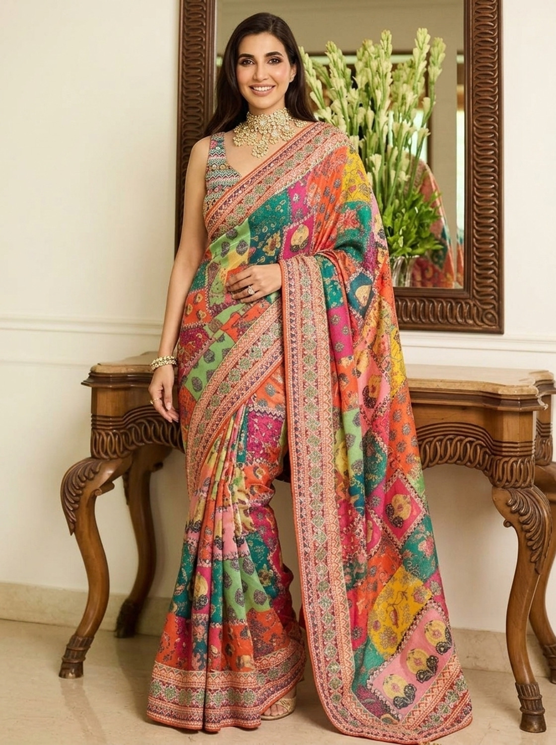 Image of AACHCHHADAN Embroidered, Geometric Print Bollywood Georgette, Art Silk Saree (Red, Green, Gold)