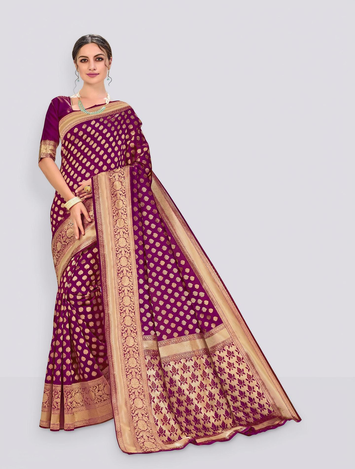 Woven Banarasi Silk Blend, Jacquard Saree  (Purple)