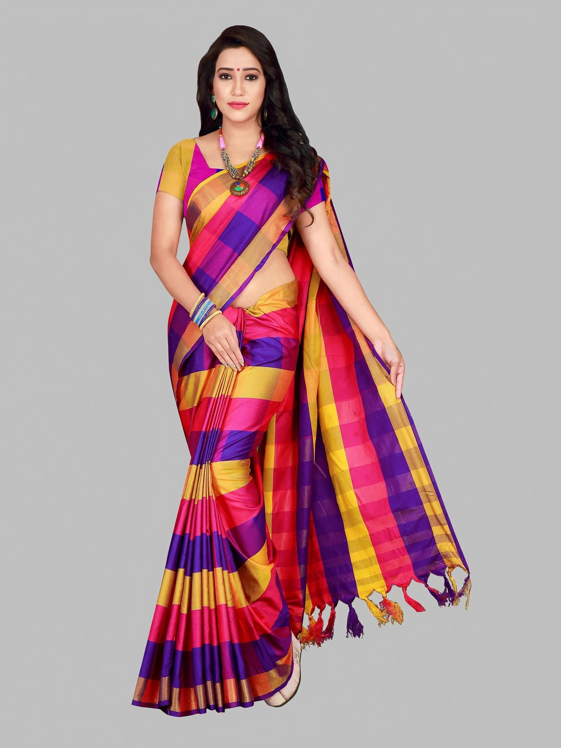 Checkered Daily Wear Cotton Silk Saree  (Pink)