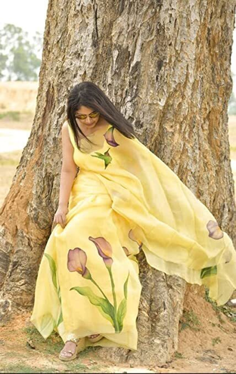Image of b bella creation Printed Daily Wear Organza Saree (Yellow)