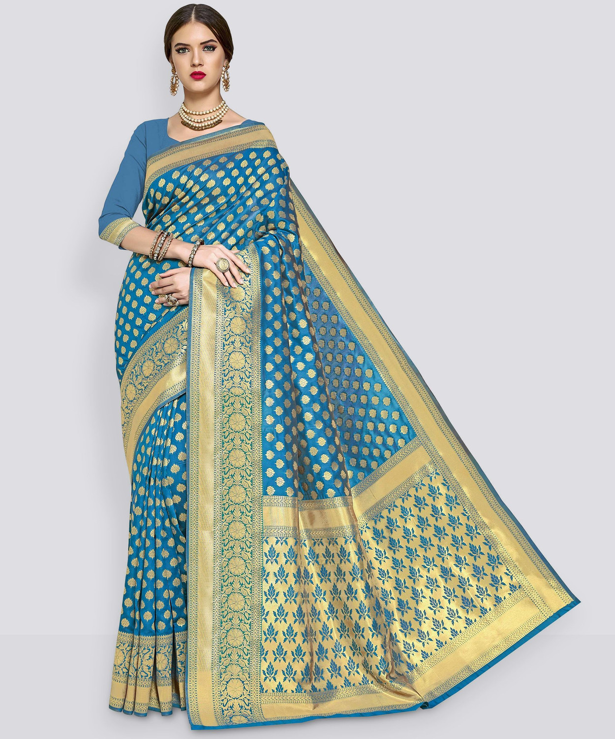Banarasi Silk Blend Jacquard Saree Light Blue Gold