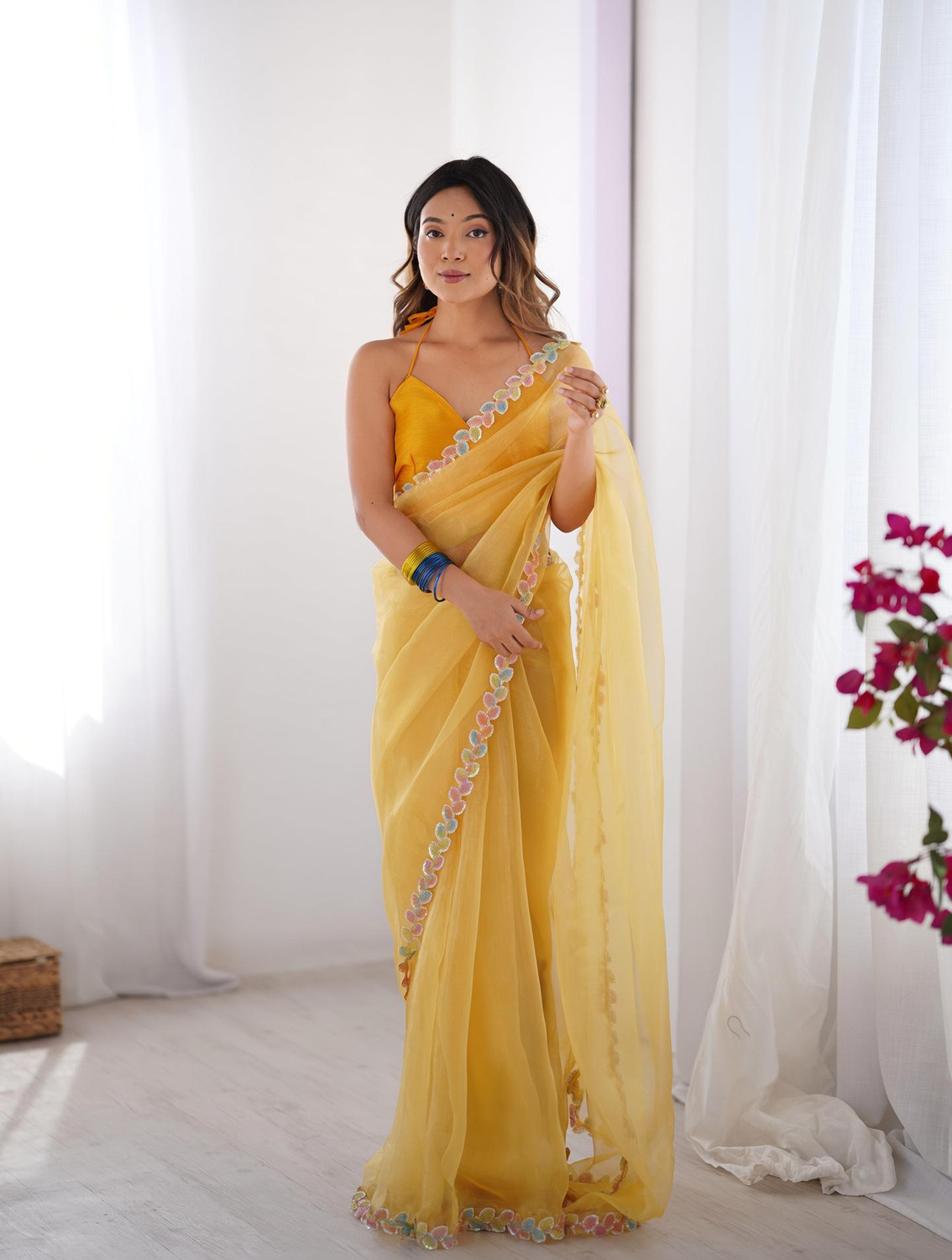 Image of b bella creation Printed Daily Wear Organza Saree (Yellow)