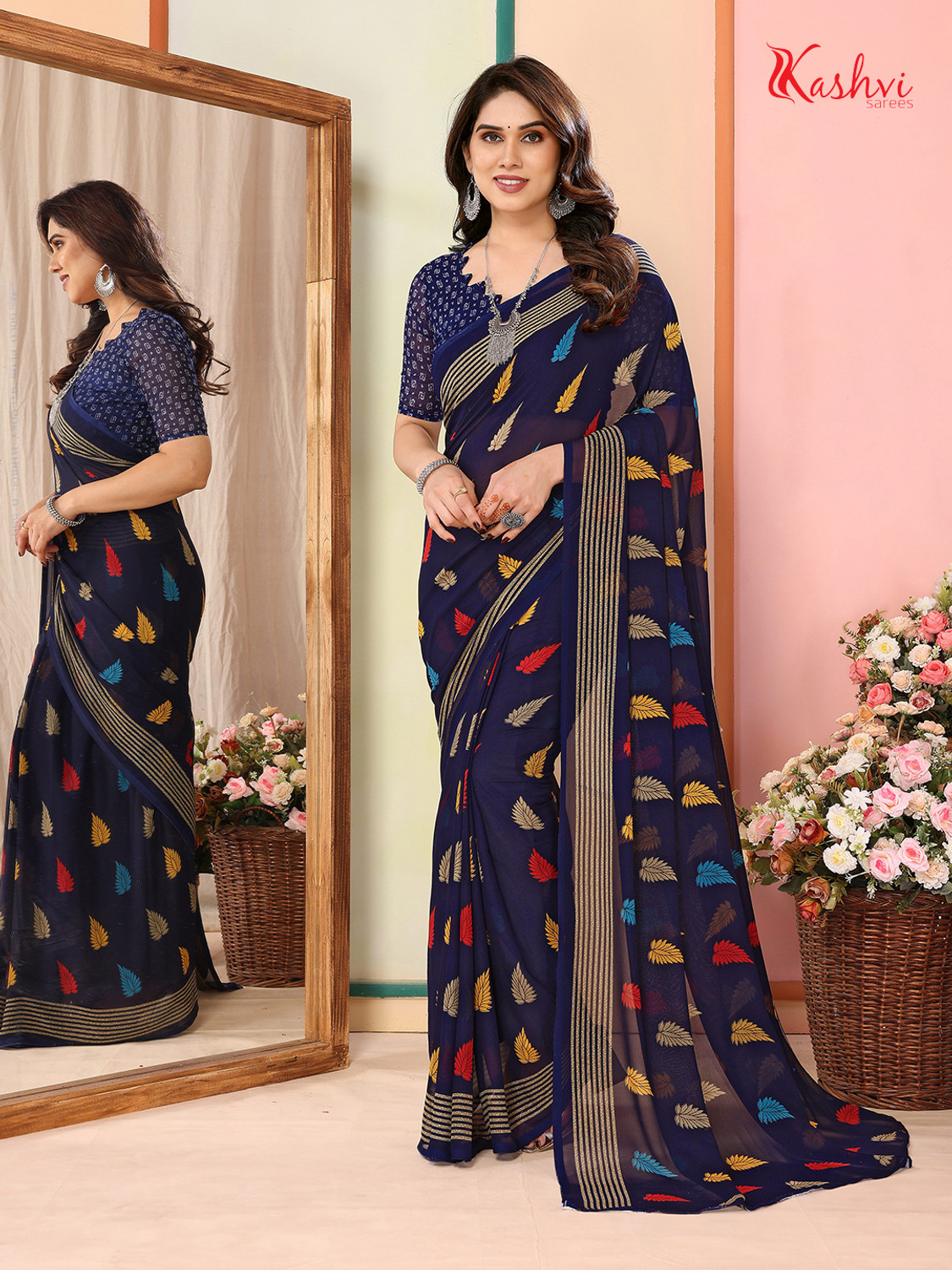 kashvi sarees Floral Print, Striped, Printed Bollywood Georgette Saree