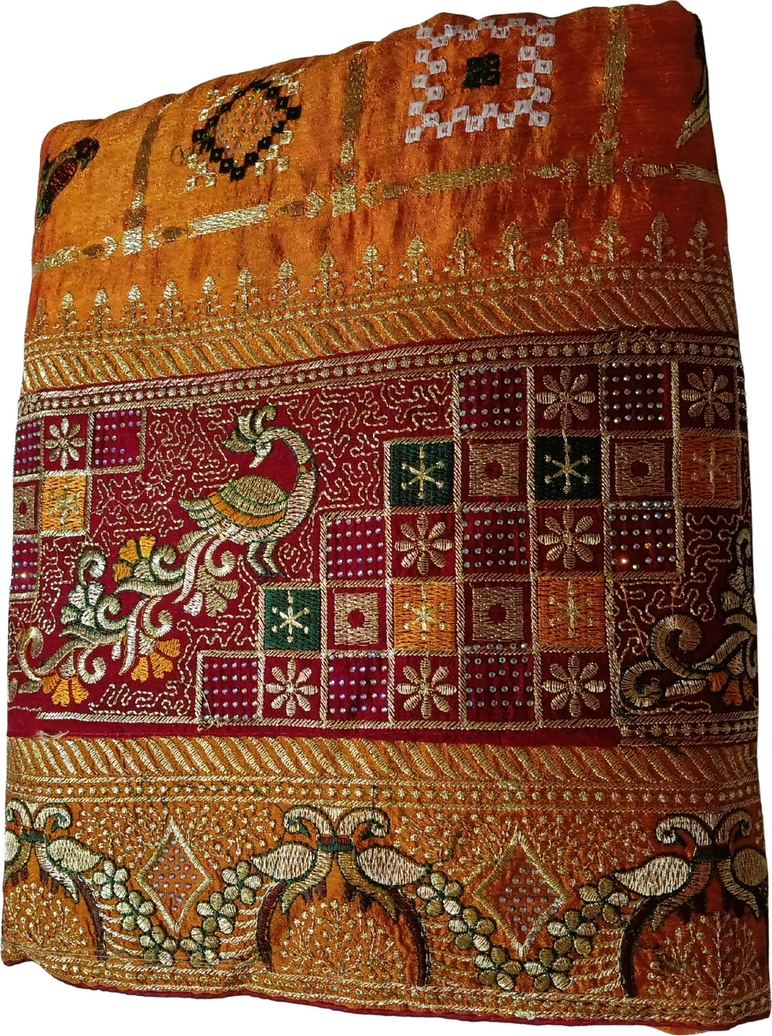 Image of AACHCHHADAN Embroidered, Geometric Print Bollywood Georgette, Art Silk Saree (Red, Green, Gold)
