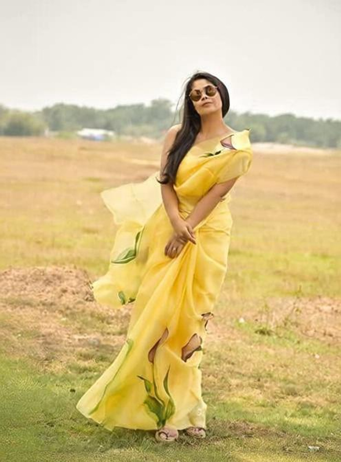Image of b bella creation Printed Daily Wear Organza Saree (Yellow)