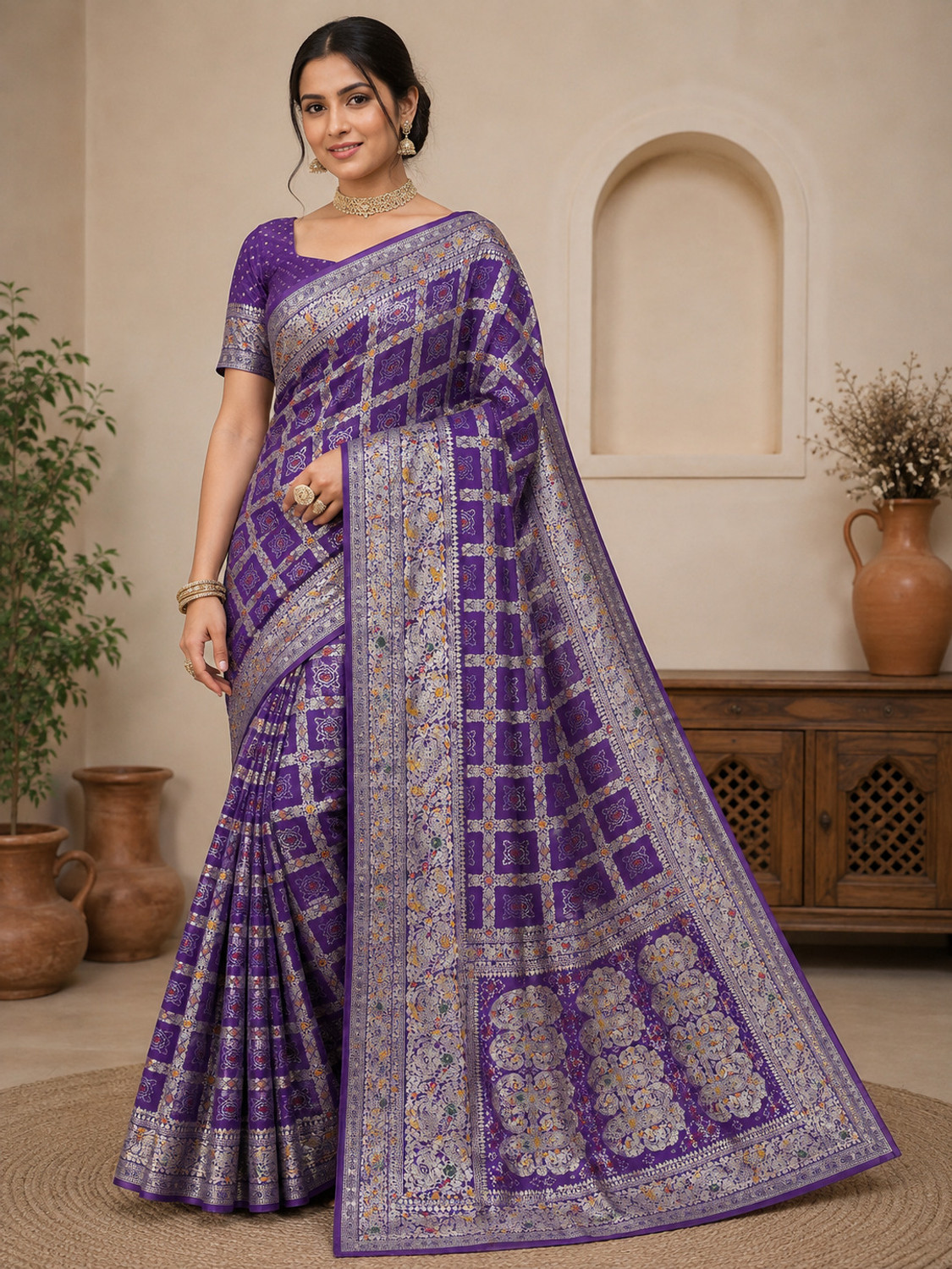 Reeva Fusion Hub Woven, Geometric Print, Floral Print Banarasi Cotton Blend Saree