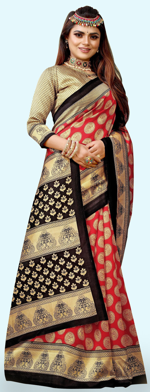 Image of RichEraa Digital Print Banarasi Cotton Silk Saree (Red)