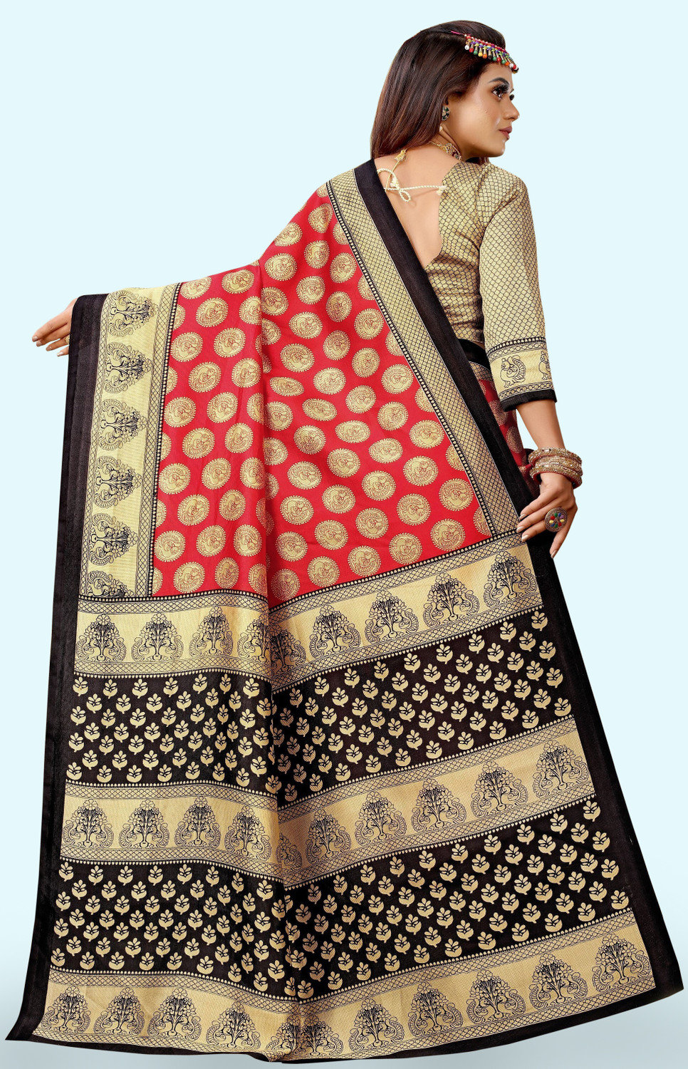 Image of RichEraa Digital Print Banarasi Cotton Silk Saree (Red)