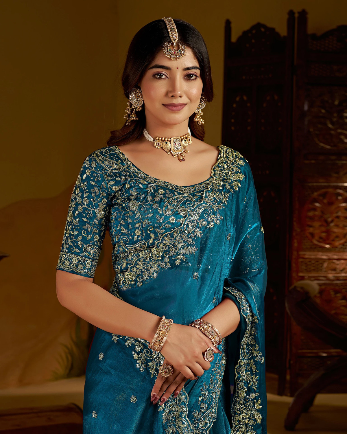 Image of signagraph Embroidered Bollywood Satin Saree (Multicolor)