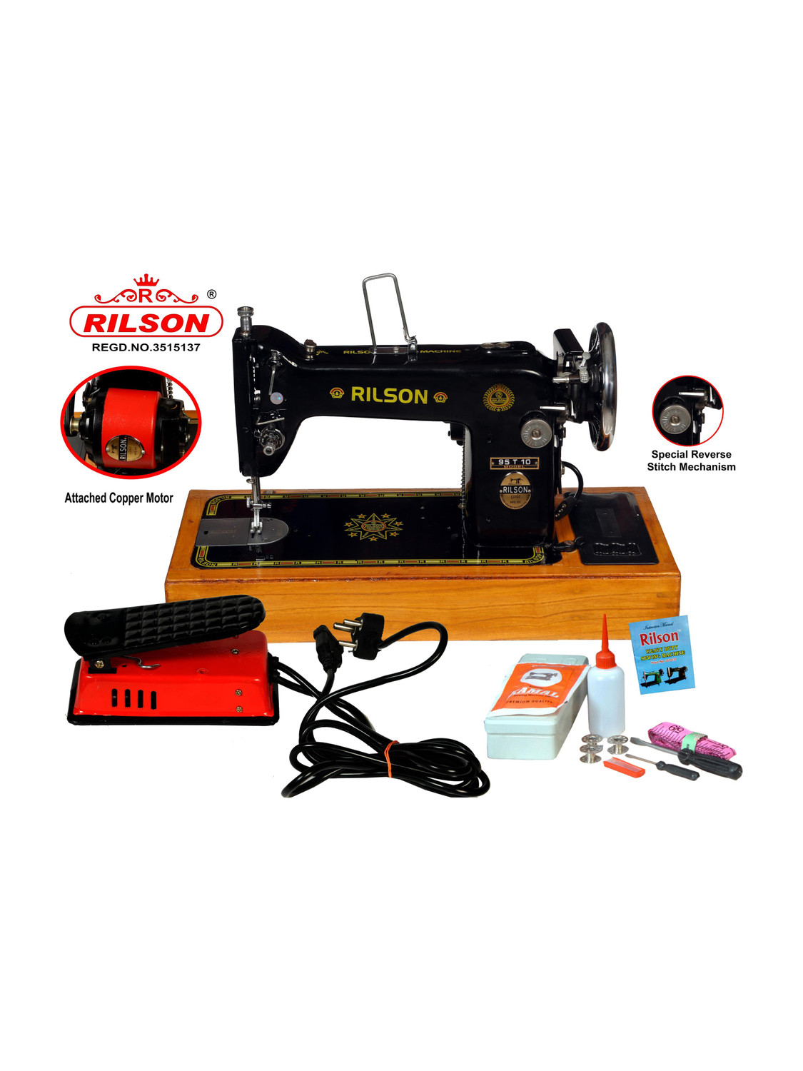Rilson MOTARIZED UMBRELLA/95T10 MODEL SEWING MACHINE WITH WOODEN BASE AND REGULATOR Electric Sewing Machine