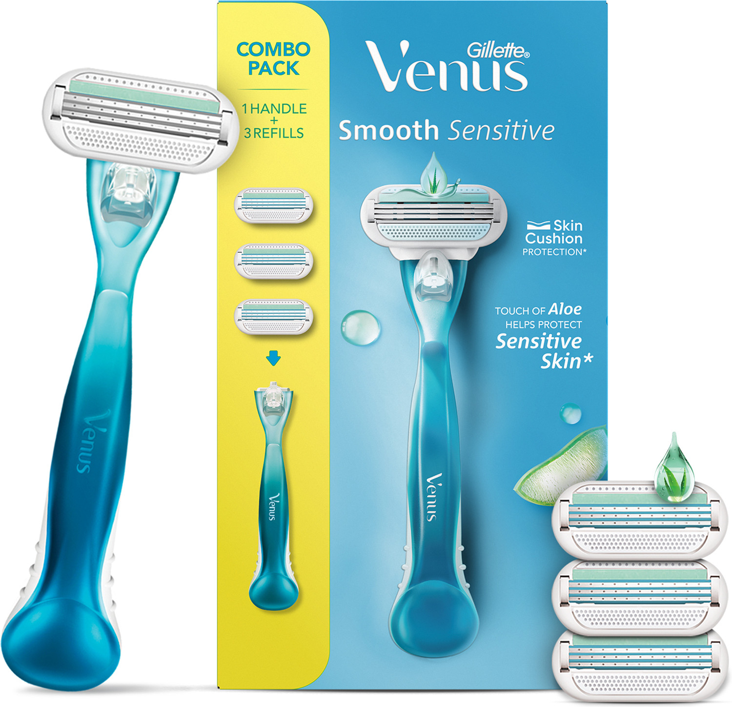 Gillette Venus Smooth Combo pack | Razor plus 2 refills | Aloe vera sm