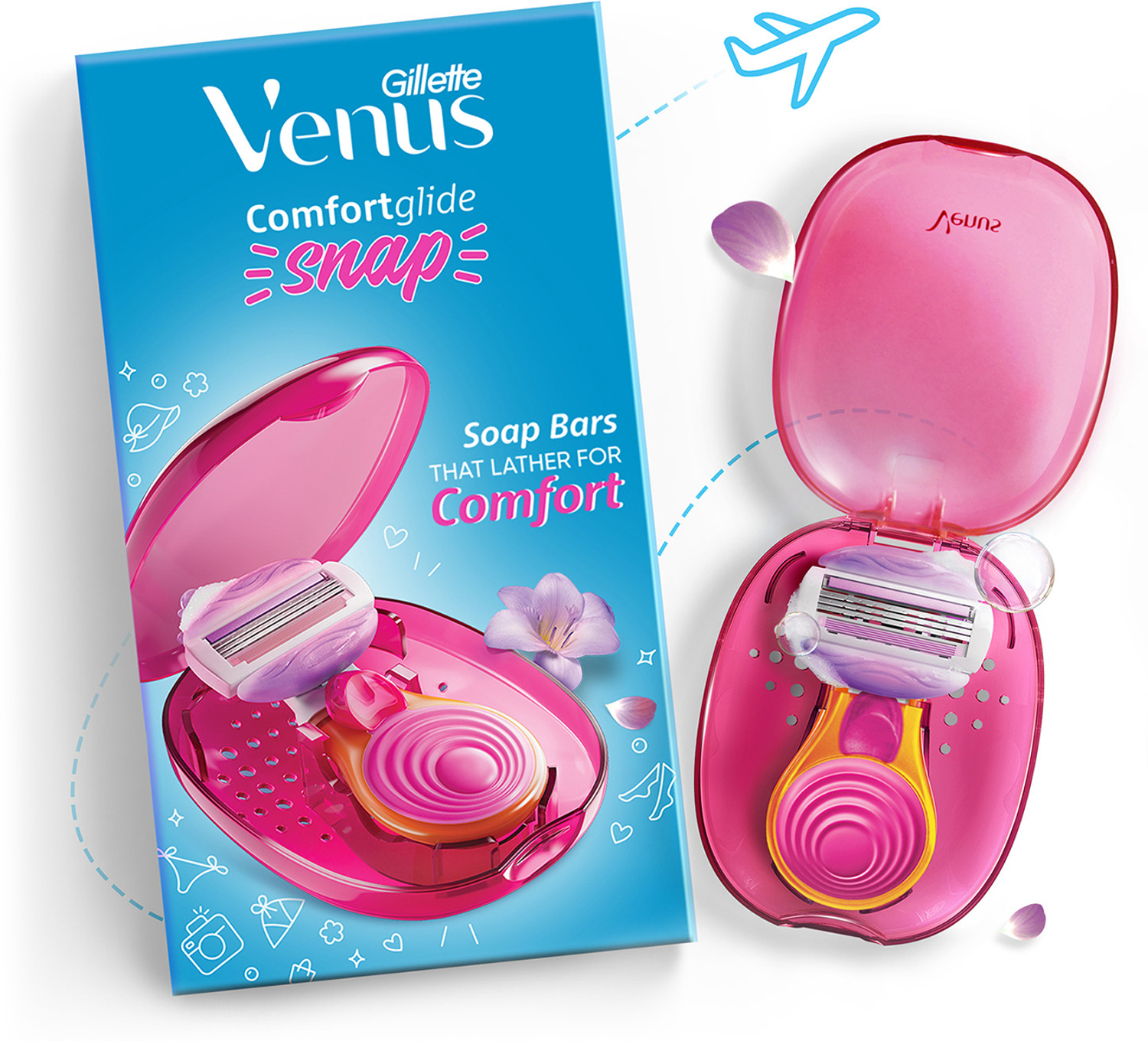 Gillette Venus Snap Hair Remover|Women Body Razor|Compact case|Soap gel bar with avocado
