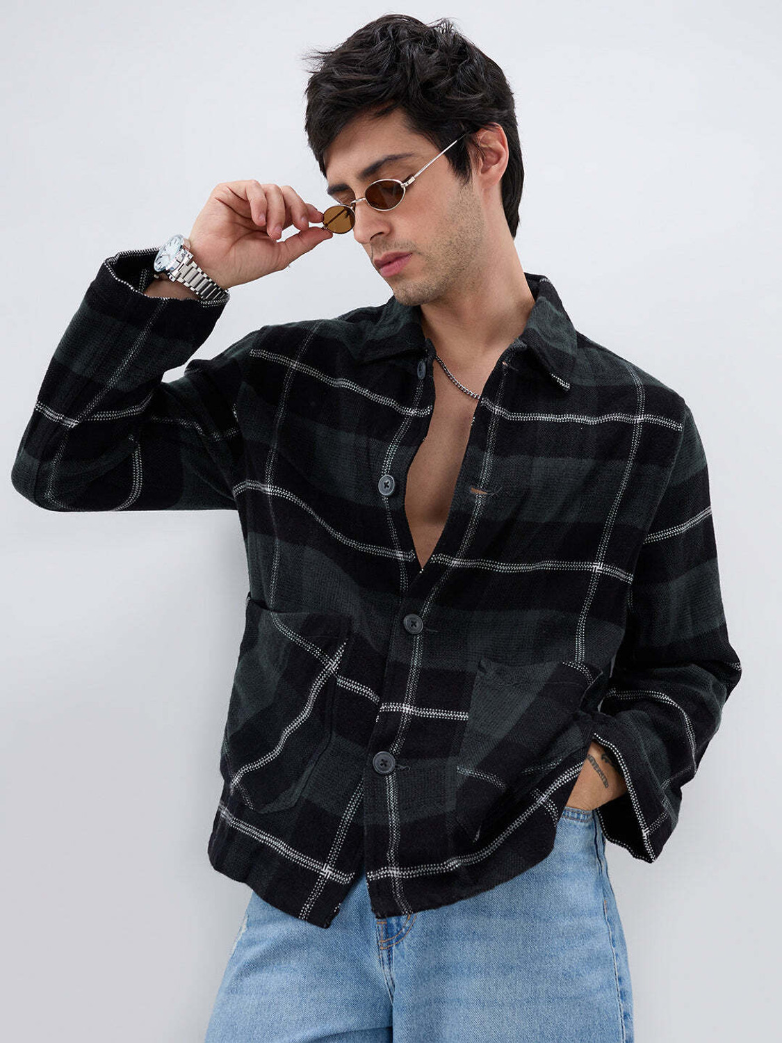 Image of VASTRADO Men Oversized Fit Checkered Cut Away Collar Casual Shirt