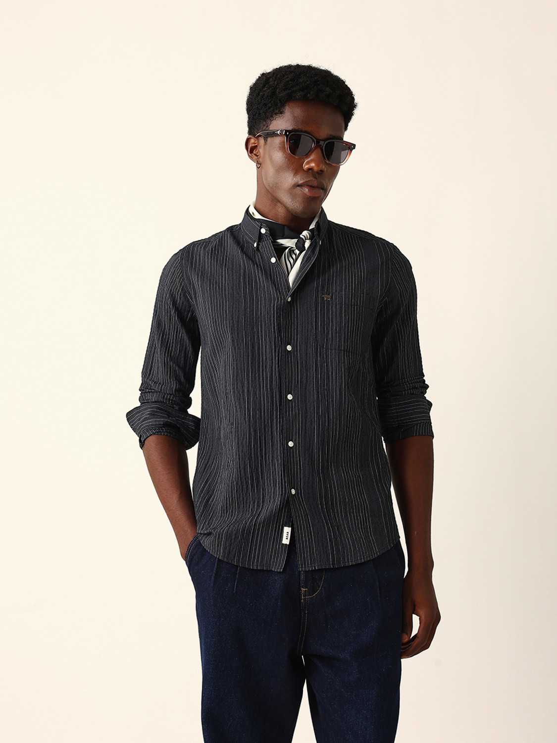 bear house men striped casual black shirt