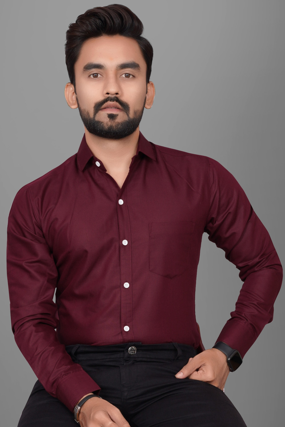 Image of SANBROS Men Regular Fit Solid Spread Collar Casual Shirt