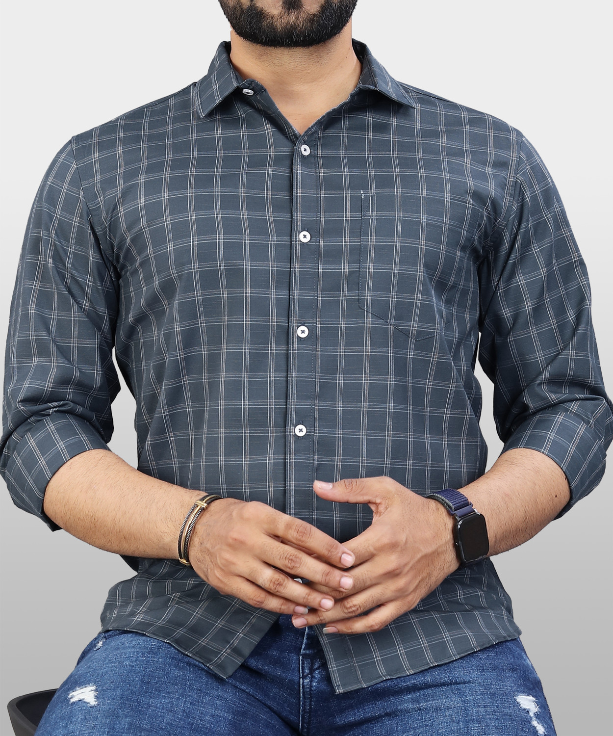 Image of VeBNoR Men Regular Fit Checkered Spread Collar Formal Shirt