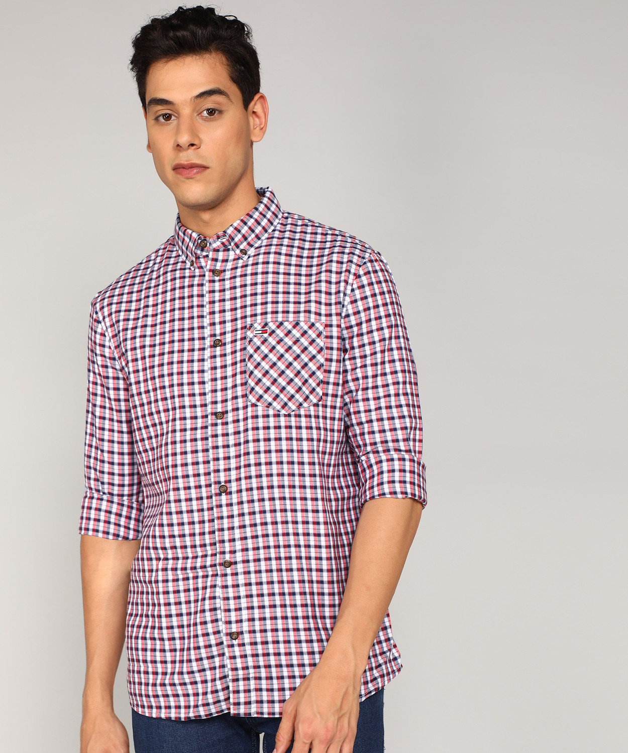 TOMMY HILFIGER Men Checkered Casual Red Shirt Price History