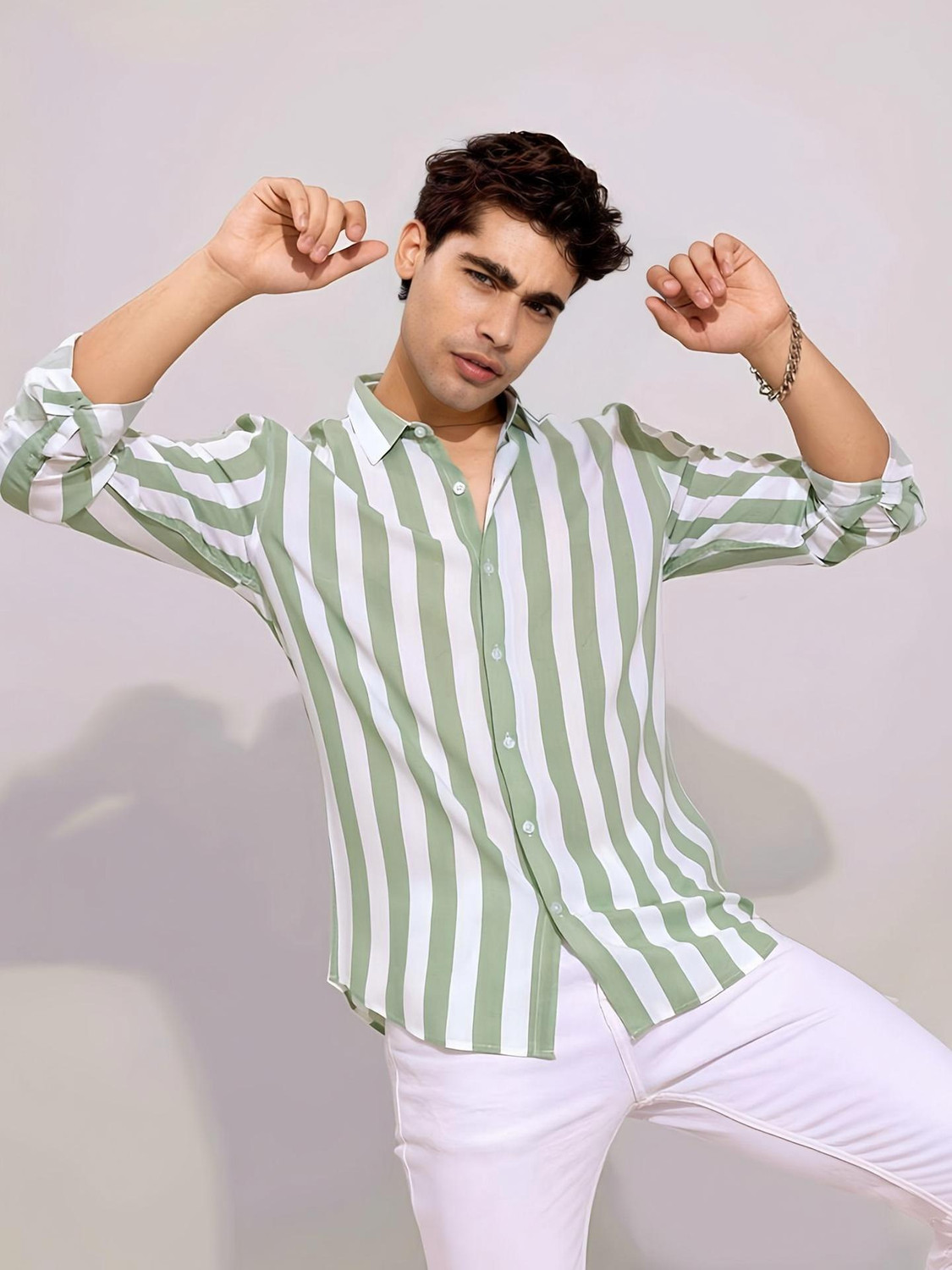 HKV FASHION Men Striped Casual Green Shirt
