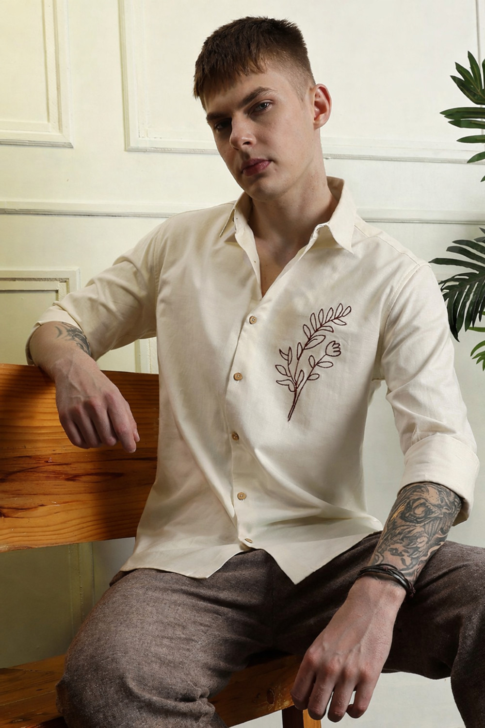 Image of TorontoCN Men Regular Fit Embroidered Spread Collar Casual Shirt