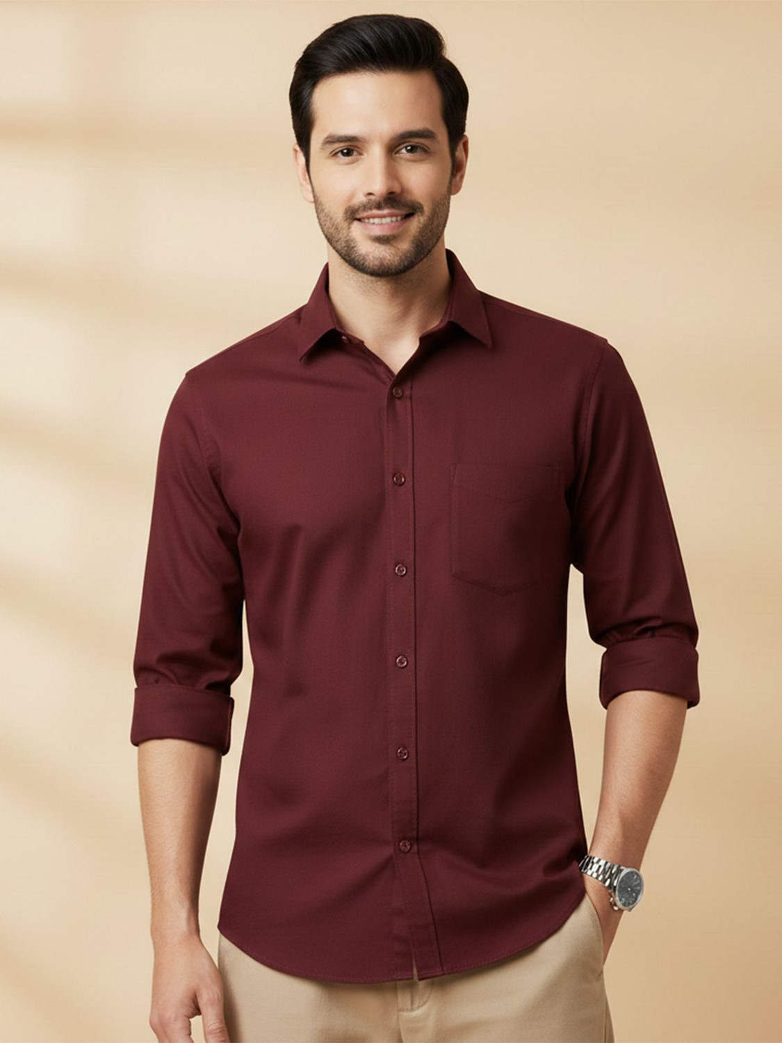 Image of FIBERMILL Men Slim Fit Solid Spread Collar Formal Shirt