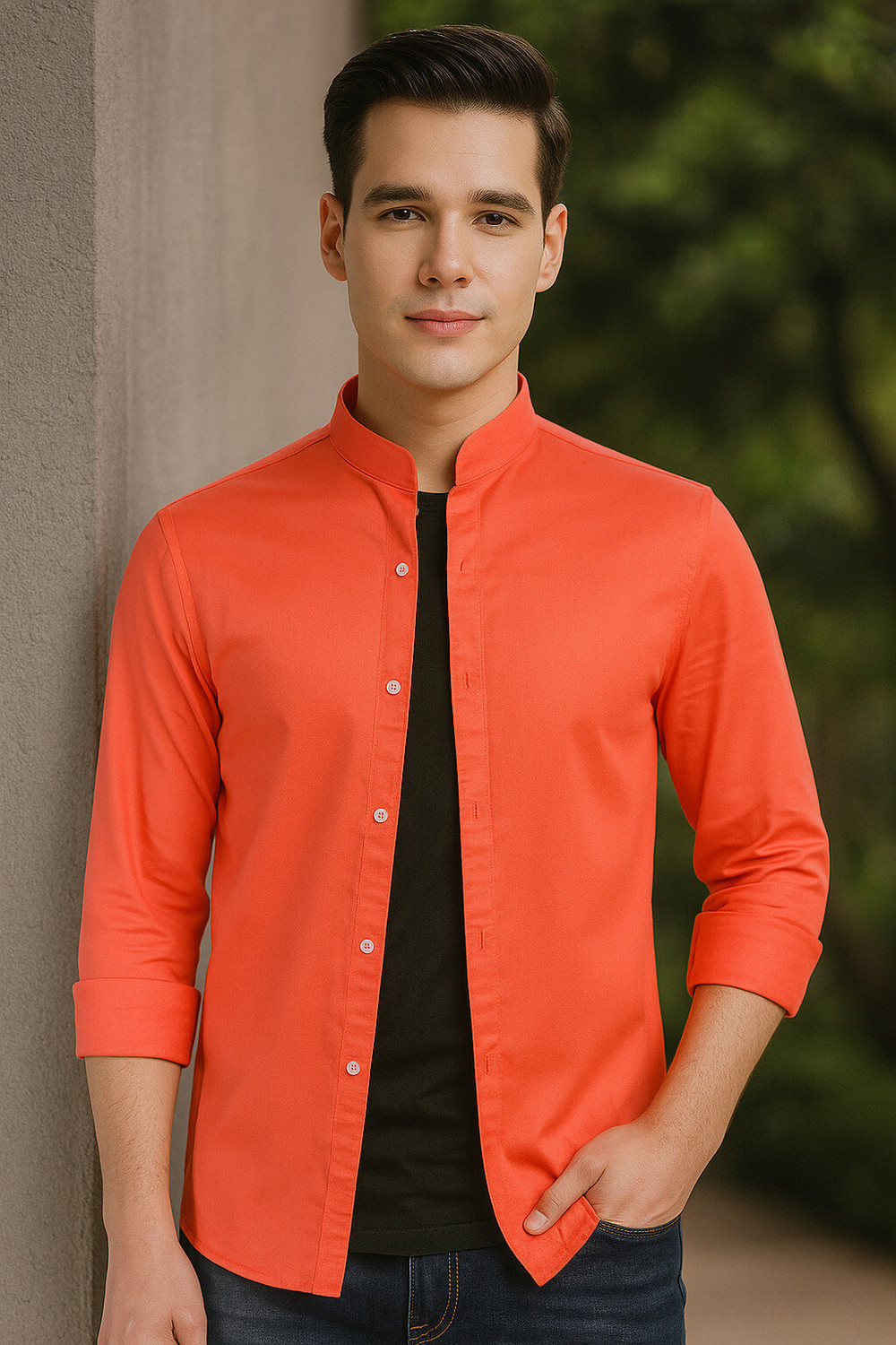 Image of S-LINE Men Slim Fit Solid Mandarin Collar Casual Shirt