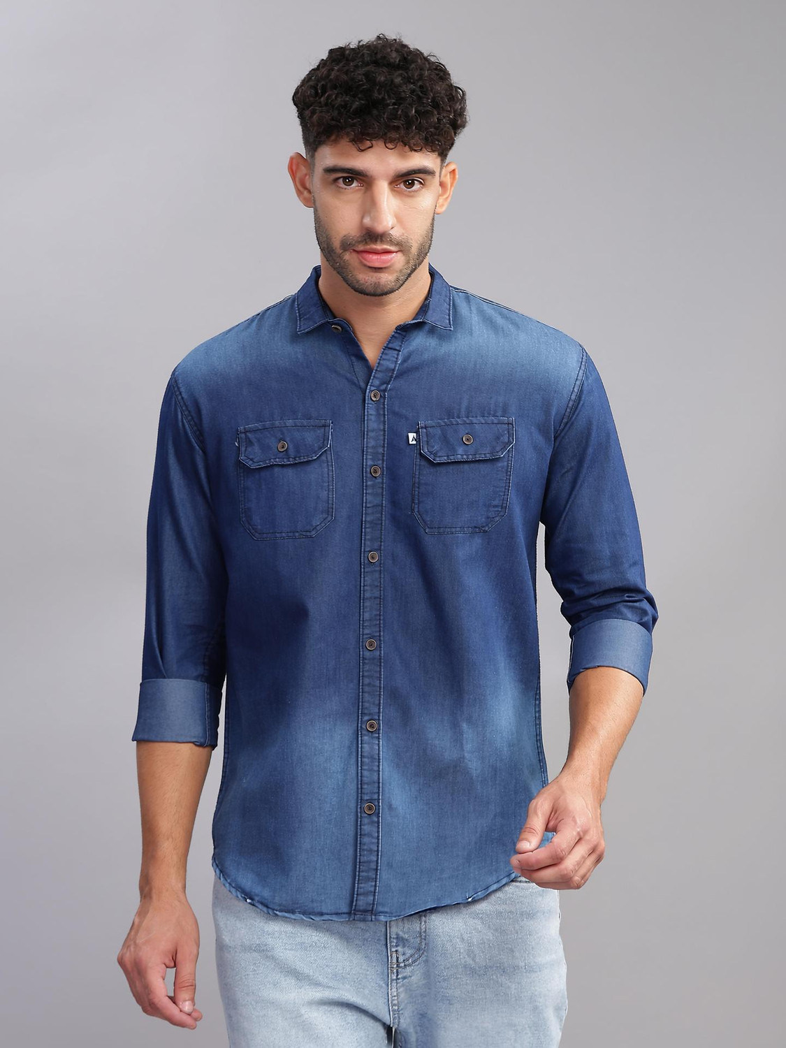 Image of AIDAN PAUL Men Regular Fit Washed Cut Away Collar Casual Shirt