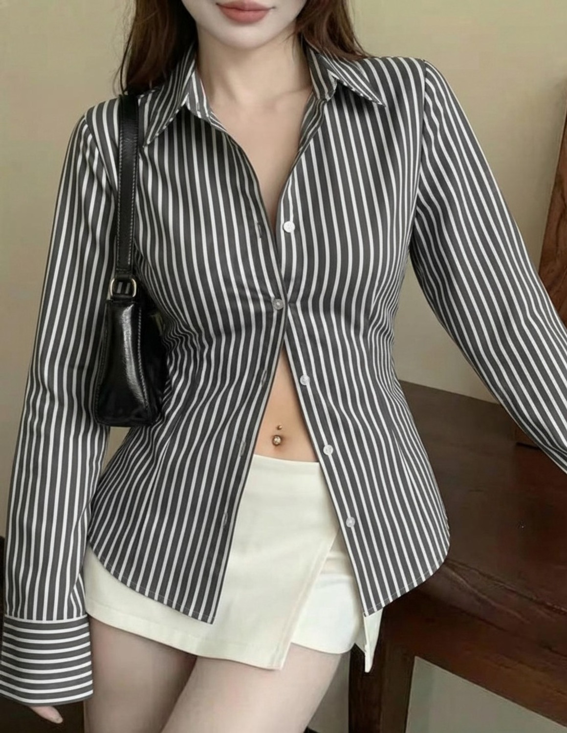 Image of MOONXS Women Slim Fit Striped Spread Collar Formal Shirt
