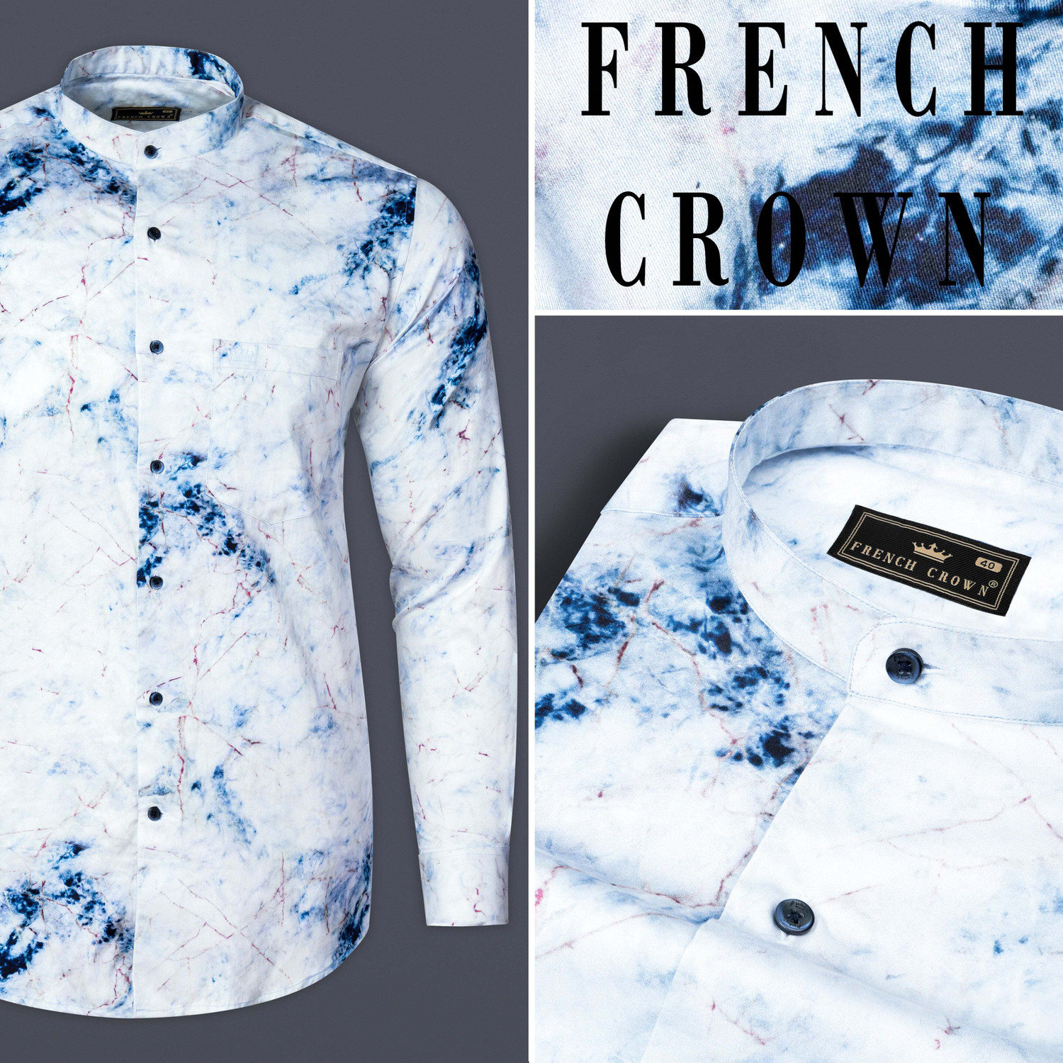 Image of french crown Men Regular Fit Printed Mandarin Collar Casual Shirt