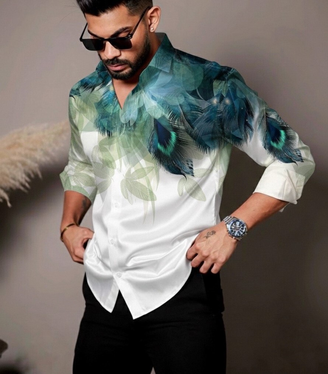 Image of Indissoluble Men Regular Fit Floral Print, Dyed /Ombre Ribbed Collar Casual Shirt