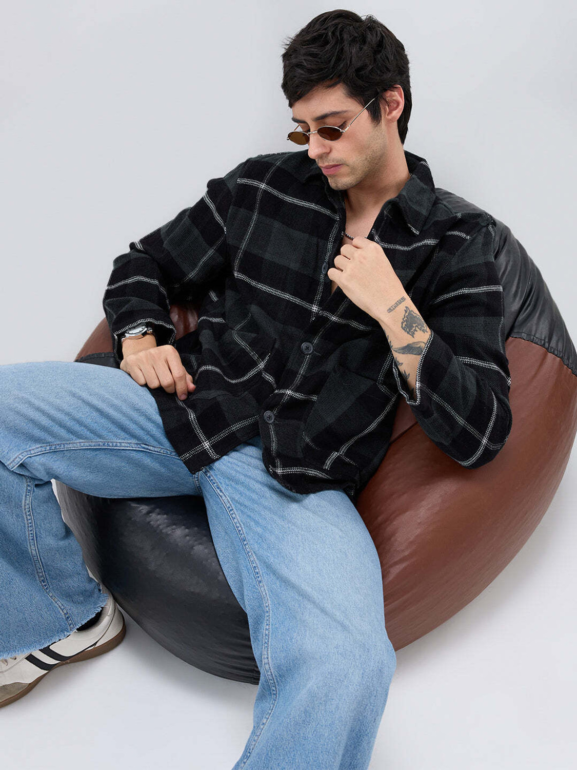 Image of VASTRADO Men Oversized Fit Checkered Cut Away Collar Casual Shirt