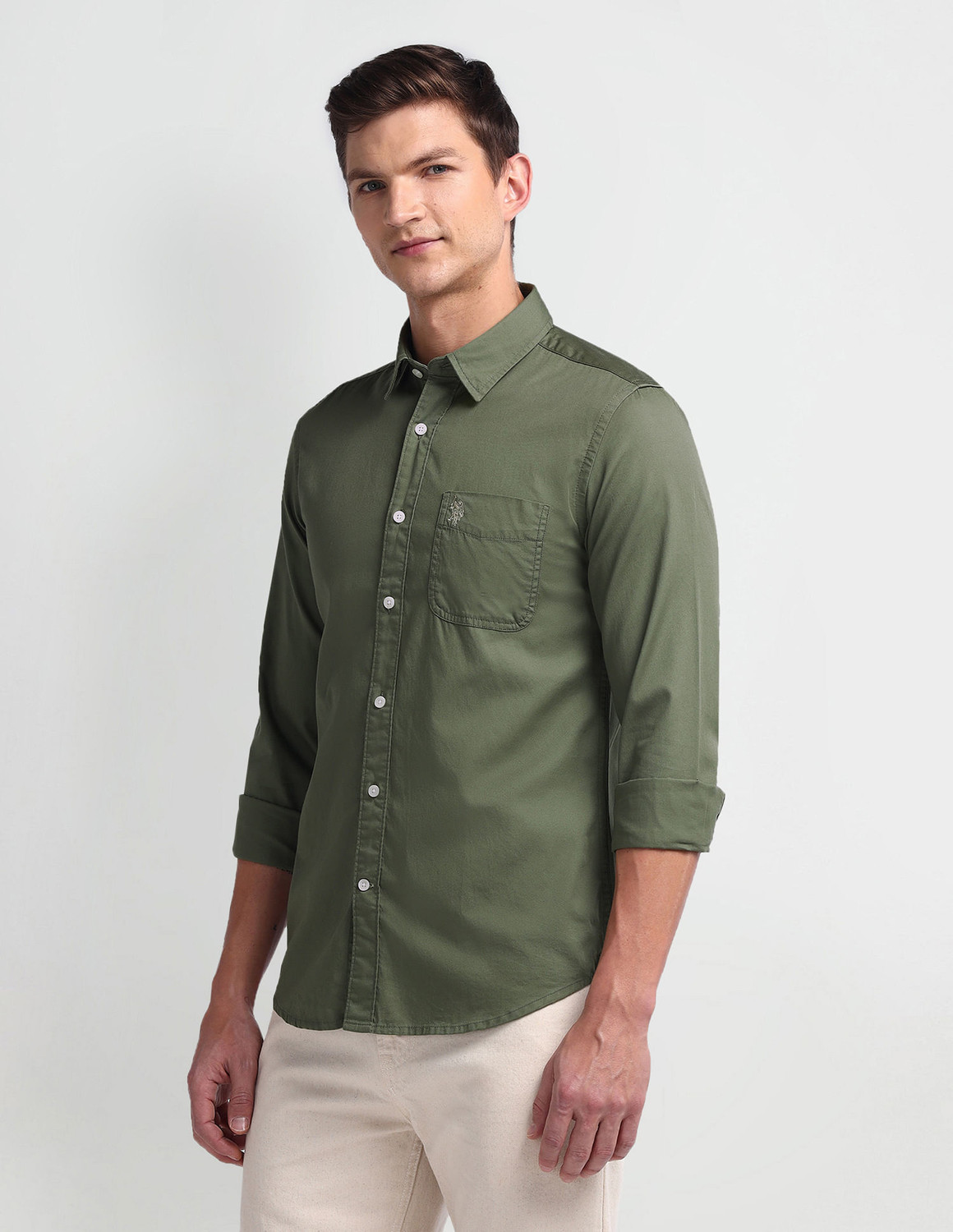 Image of U.S. POLO ASSN. Men Slim Fit Solid Cut Away Collar Casual Shirt