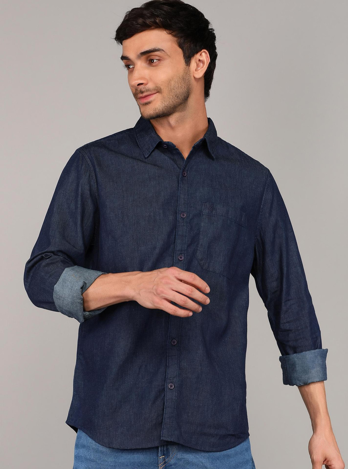 Image of AIDAN PAUL Men Regular Fit Washed Cut Away Collar Casual Shirt
