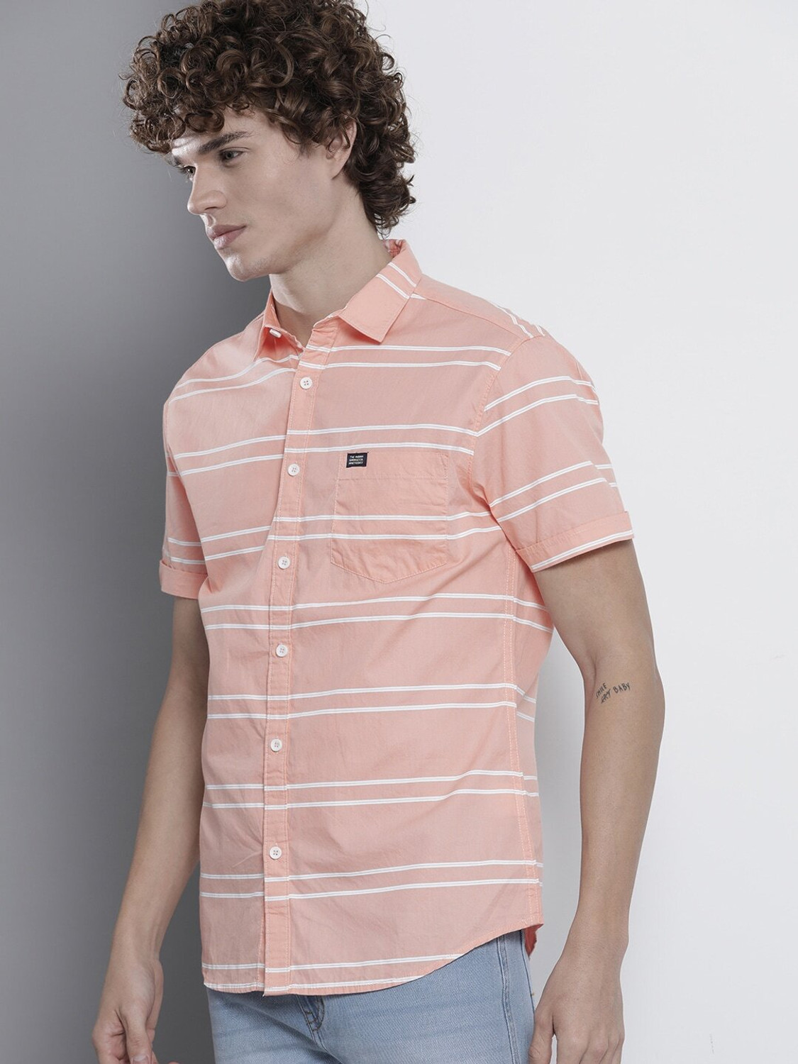 Image of The Indian Garage Co. Men Striped Casual Pink Shirt