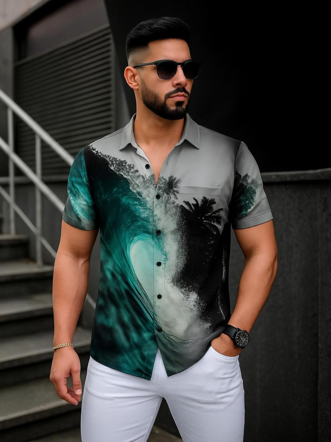 Image of Indissoluble Men Regular Fit Floral Print, Dyed /Ombre Ribbed Collar Casual Shirt