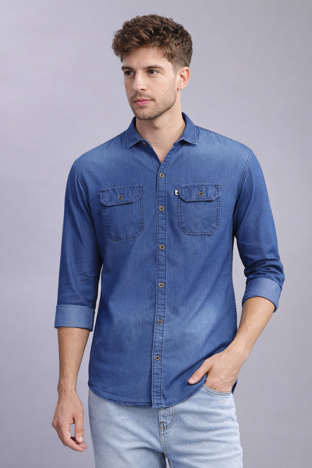 Image of AIDAN PAUL Men Regular Fit Washed Cut Away Collar Casual Shirt
