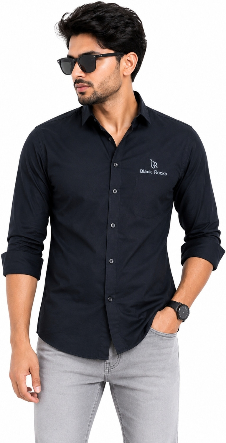 Image of TorontoCN Men Regular Fit Embroidered Spread Collar Casual Shirt
