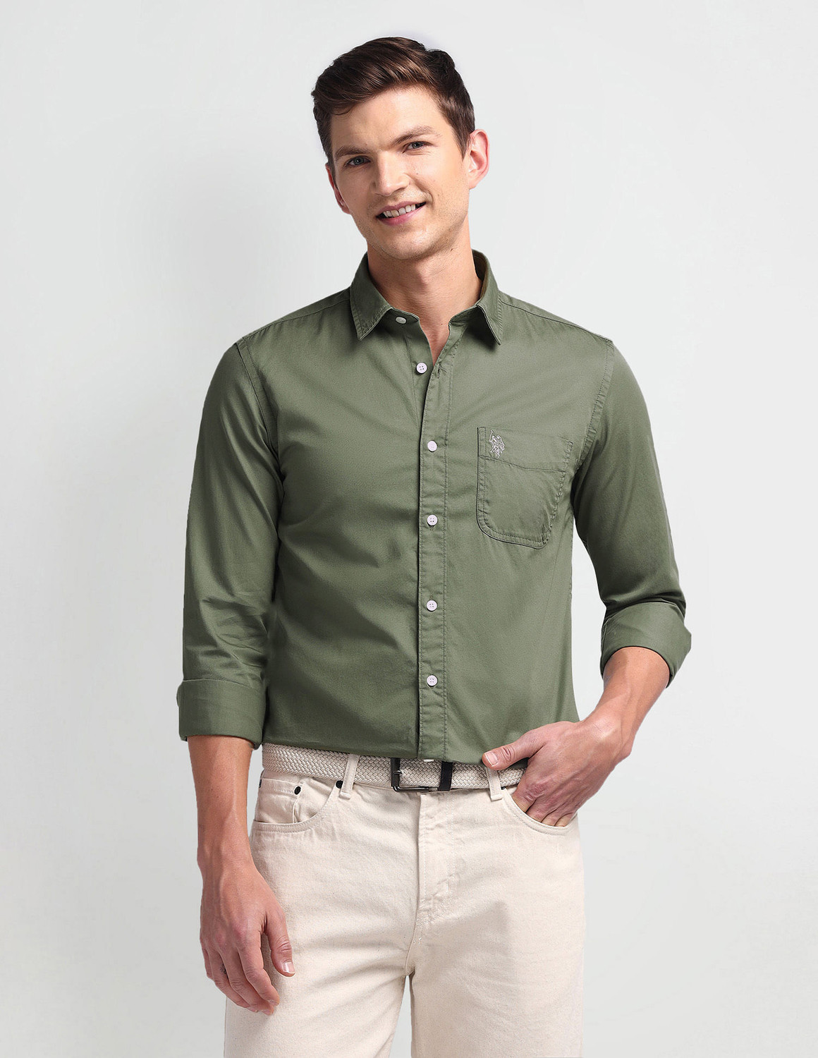 Image of U.S. POLO ASSN. Men Slim Fit Solid Cut Away Collar Casual Shirt