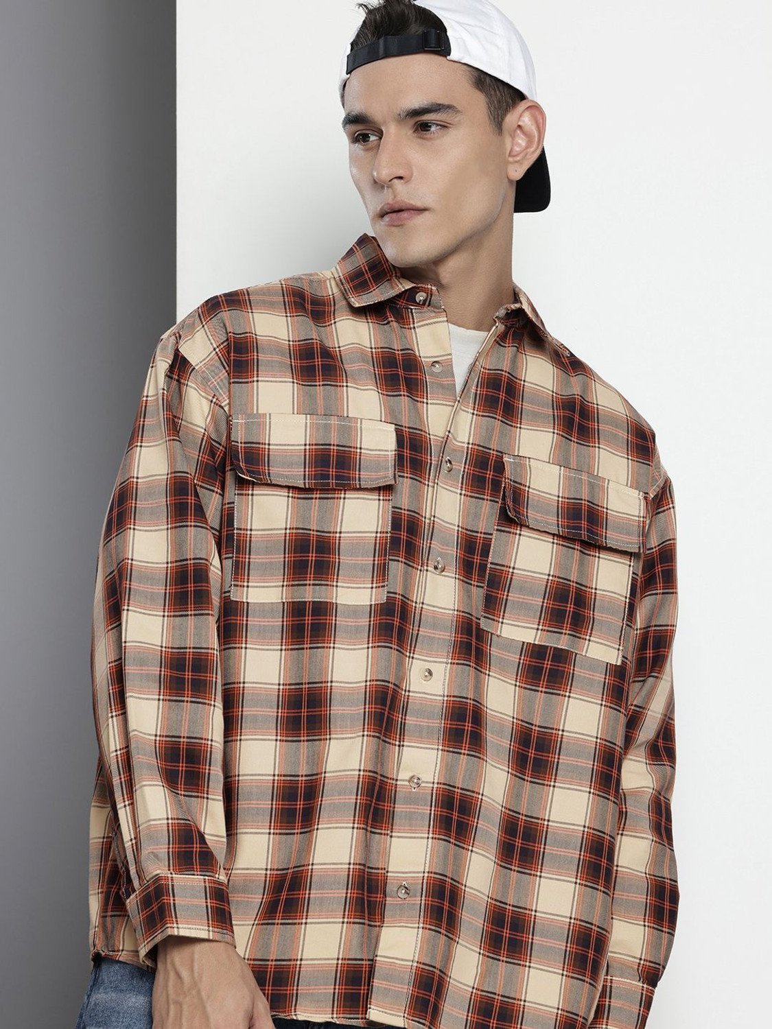 Image of VASTRADO Men Oversized Fit Checkered Cut Away Collar Casual Shirt