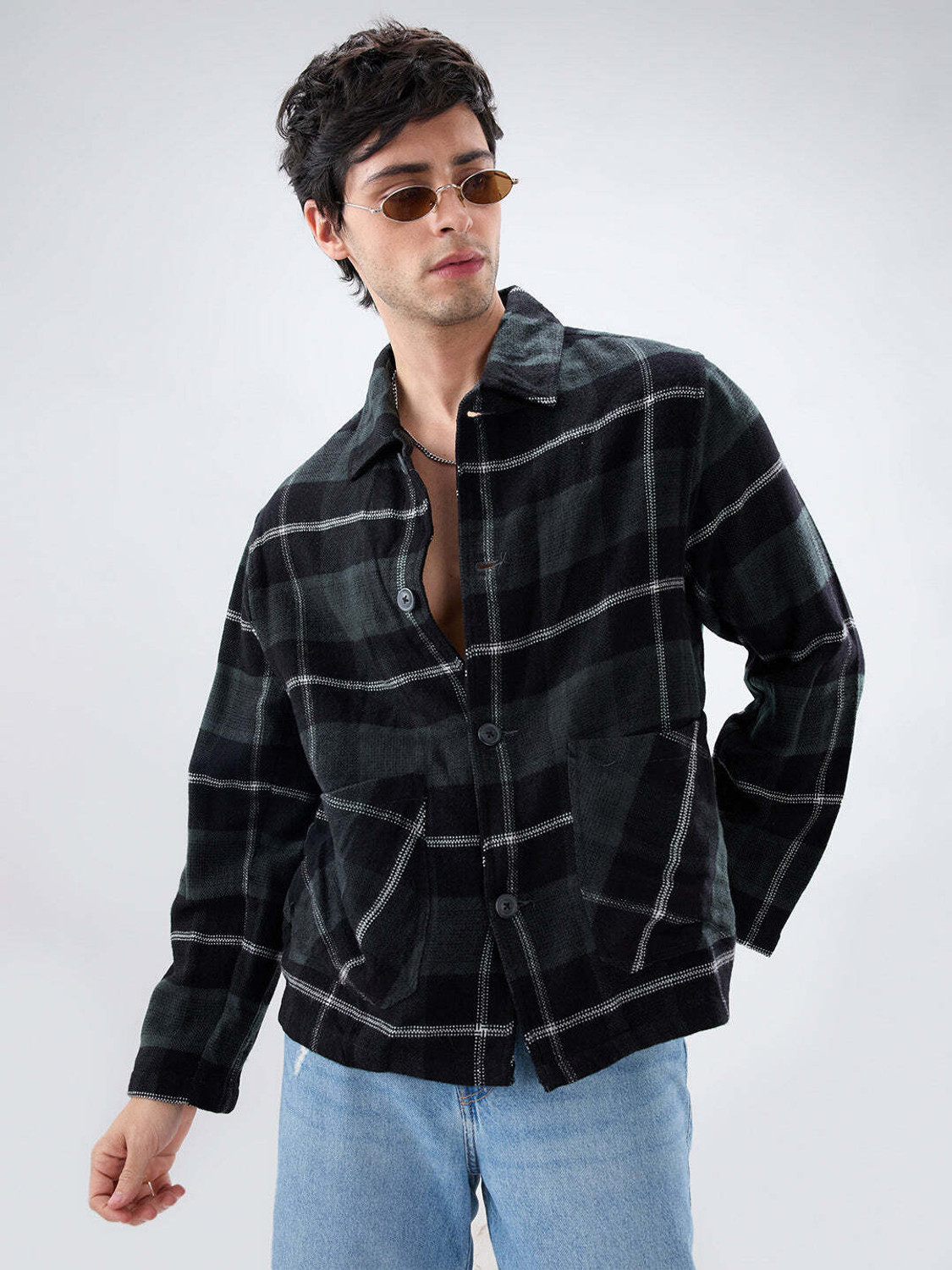 Image of VASTRADO Men Oversized Fit Checkered Cut Away Collar Casual Shirt