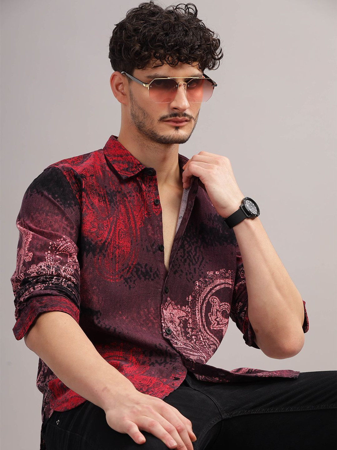 Image of french crown Men Regular Fit Printed Mandarin Collar Casual Shirt