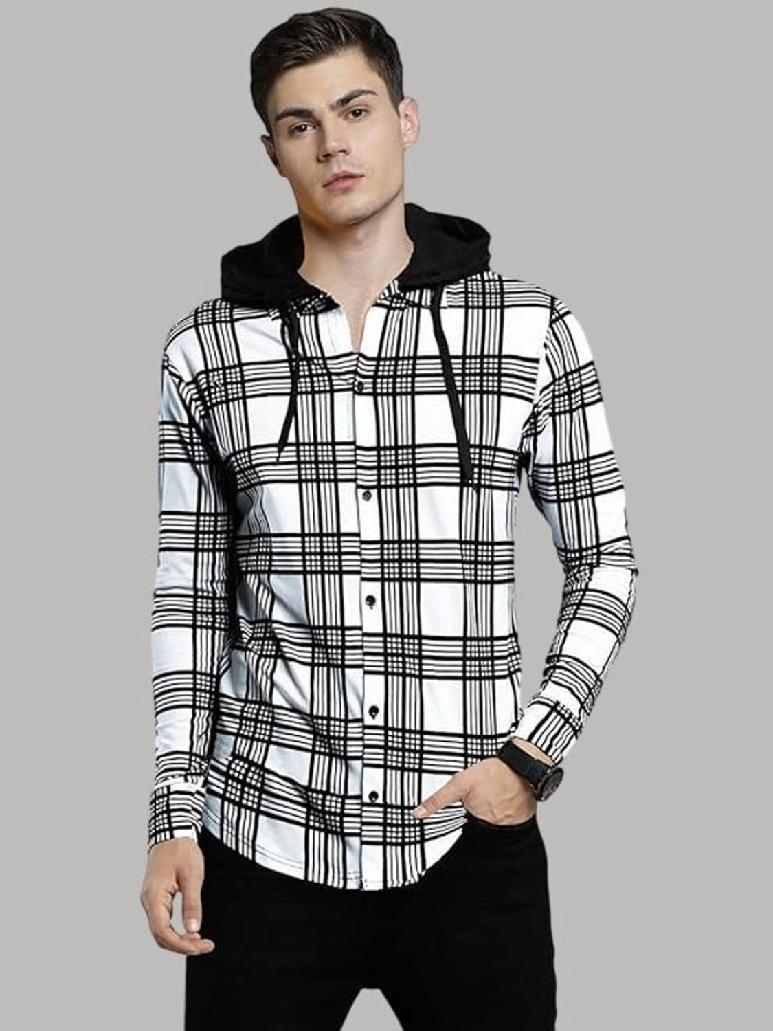 Image of OSCILLATE Men Regular Fit Checkered Hood Collar Casual Shirt
