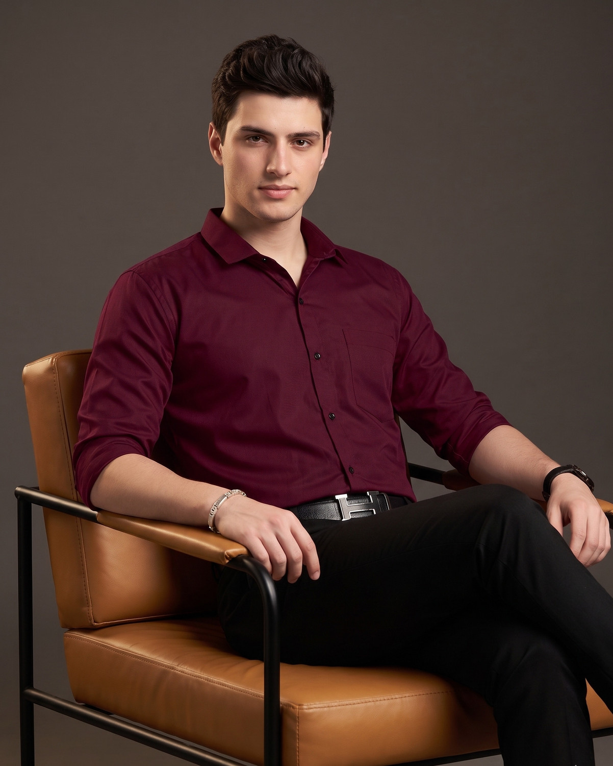 Image of FIBERMILL Men Slim Fit Solid Spread Collar Formal Shirt