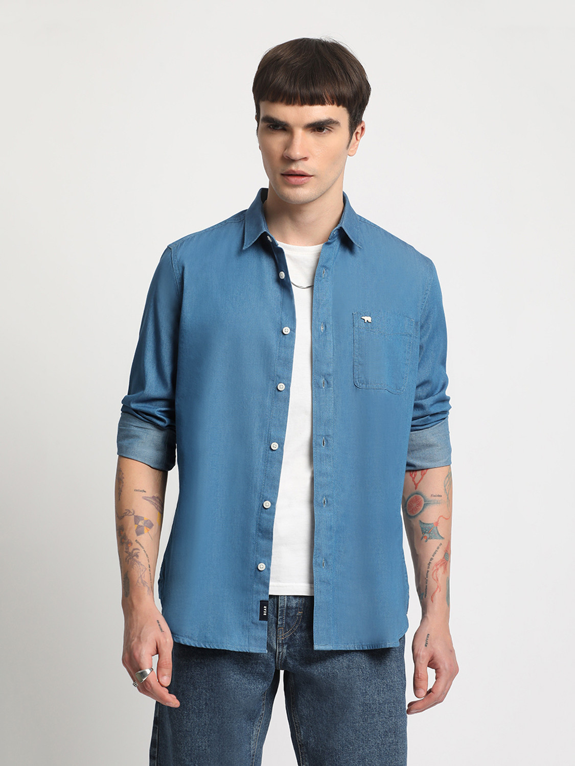 bear house men solid casual blue shirt