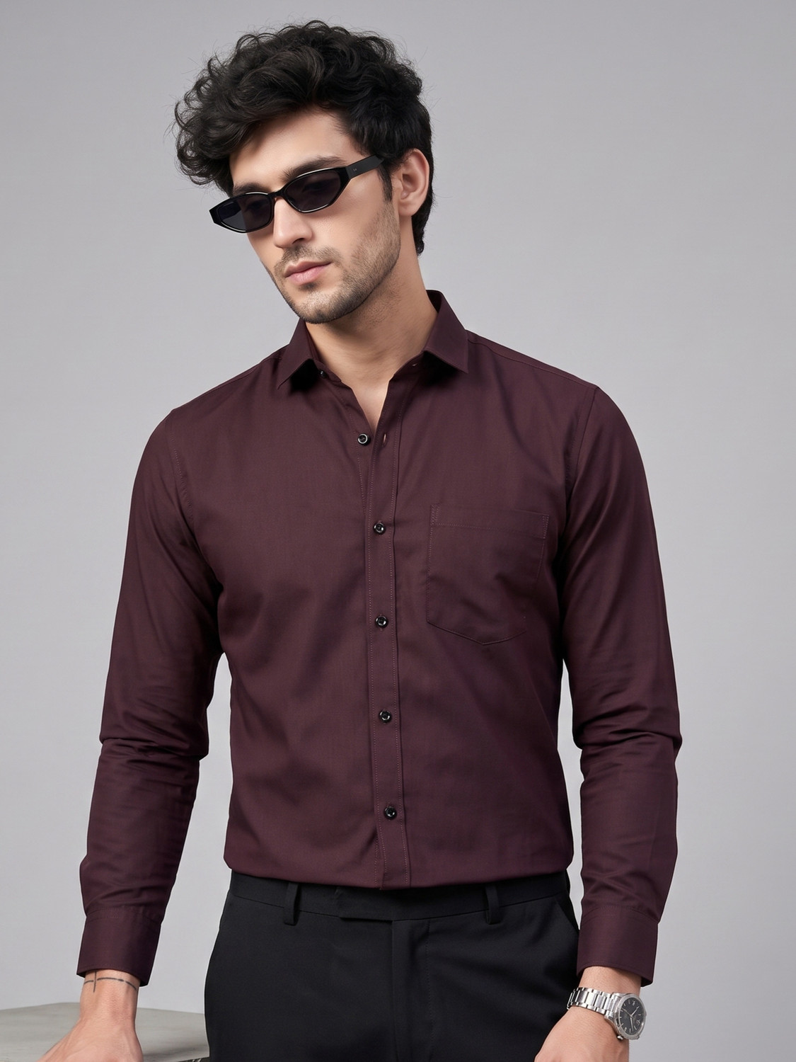 Image of FIBERMILL Men Slim Fit Solid Spread Collar Formal Shirt